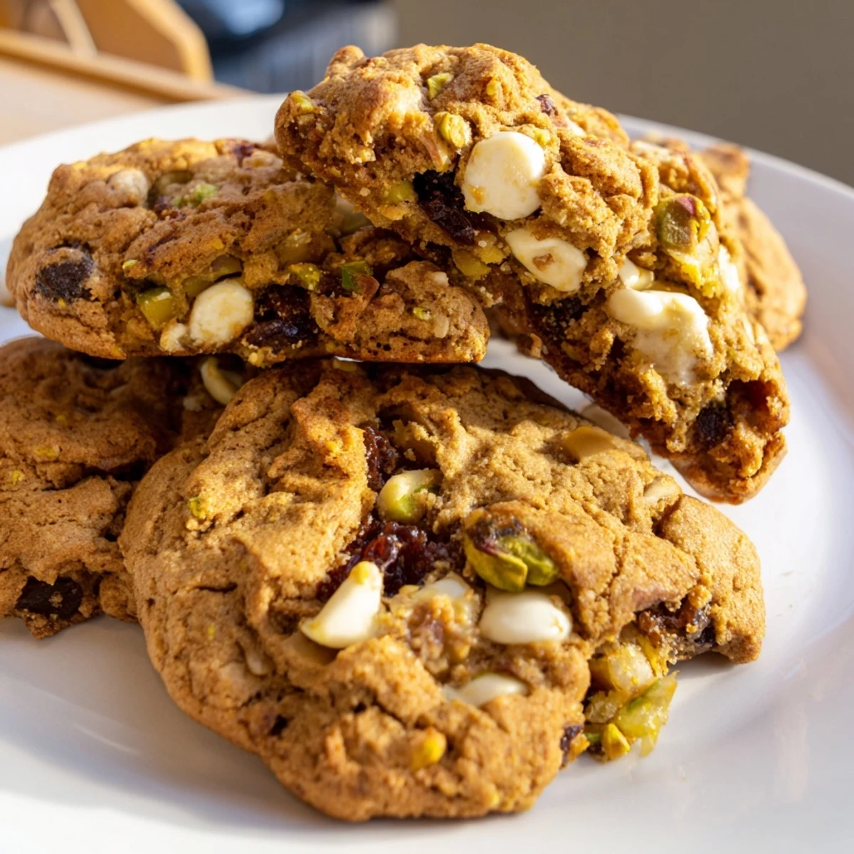 Freshly baked Dubai chewy cookie featuring aromatic cardamom spices and green pistachio pieces