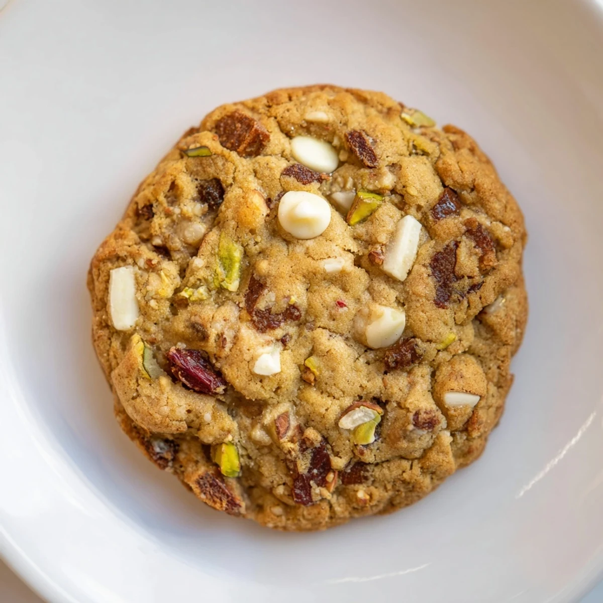 Warm Dubai chewy cookie studded with chopped dates, pistachios, and melting chocolate chips