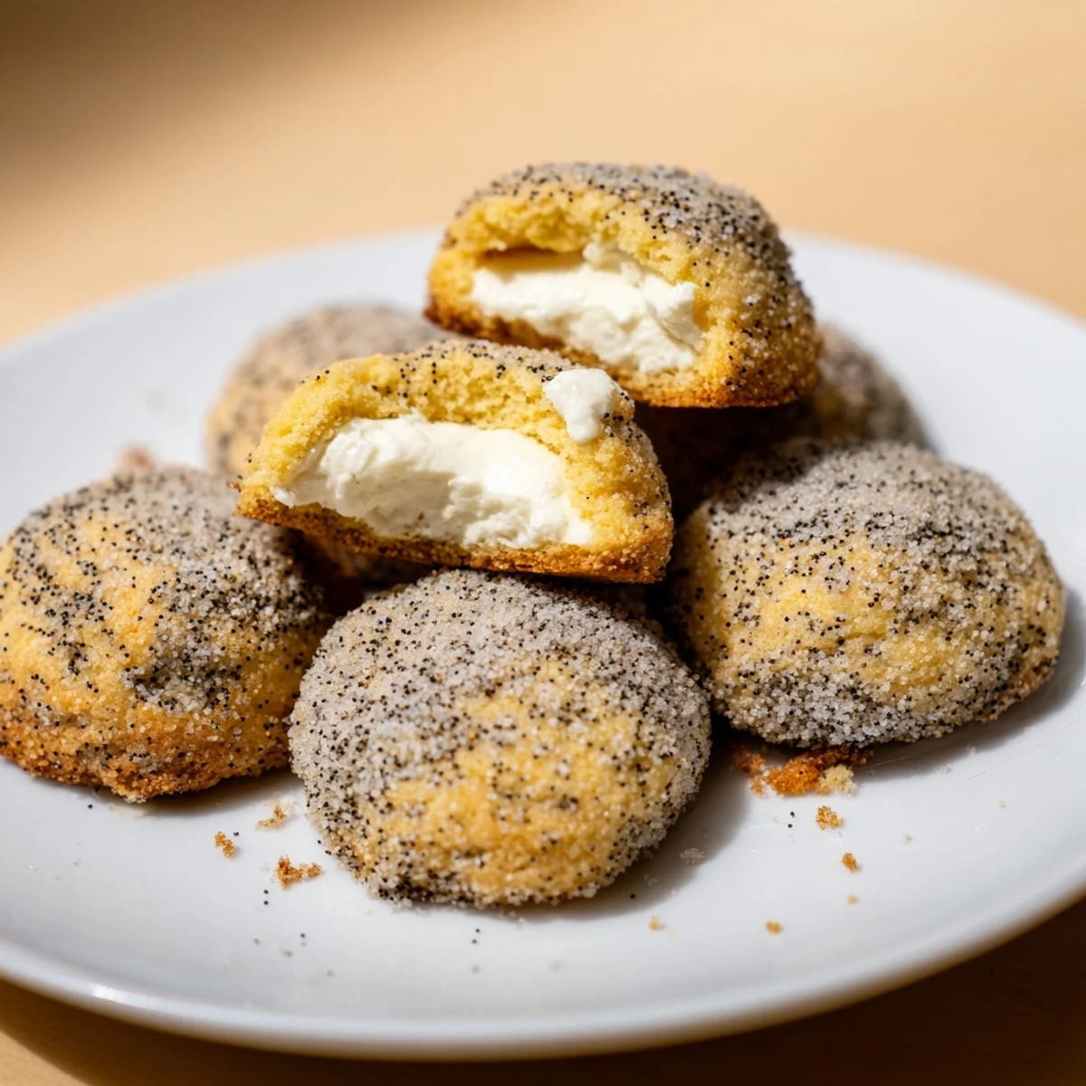 Fresh lemon zest speckled cookies stuffed with tangy cheesecake filling and crunchy poppy seeds