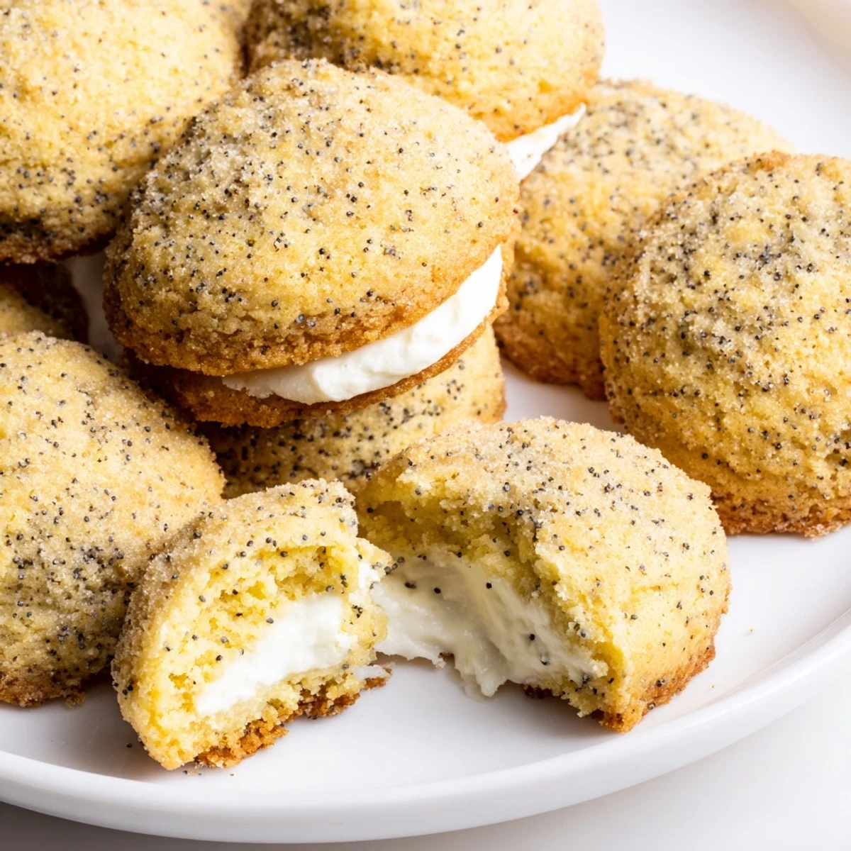 Baked lemon poppy seed cheesecake cookies with oozing creamy center on white cooling rack