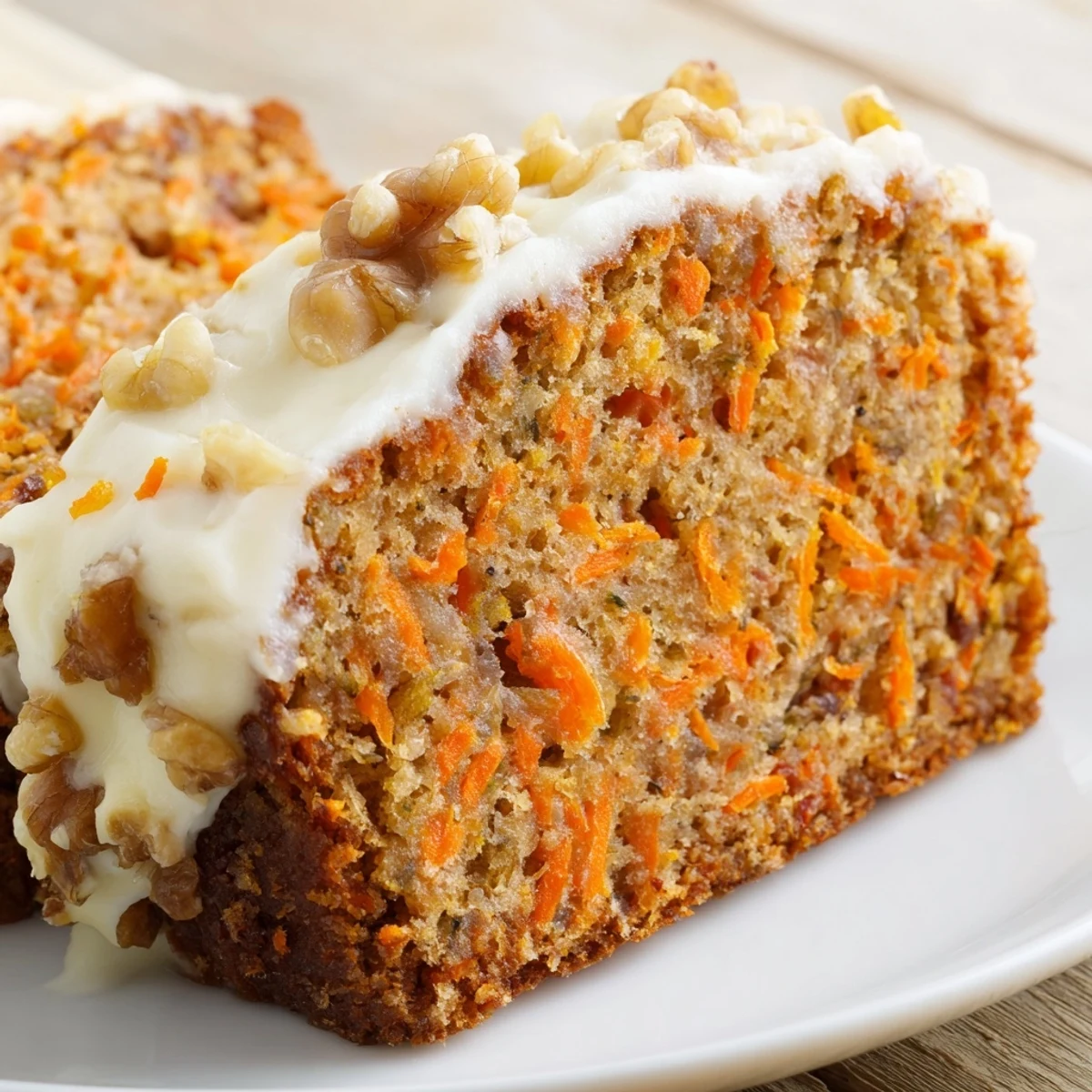 Golden carrot cake banana bread loaf topped with chopped walnuts on a rustic wooden board