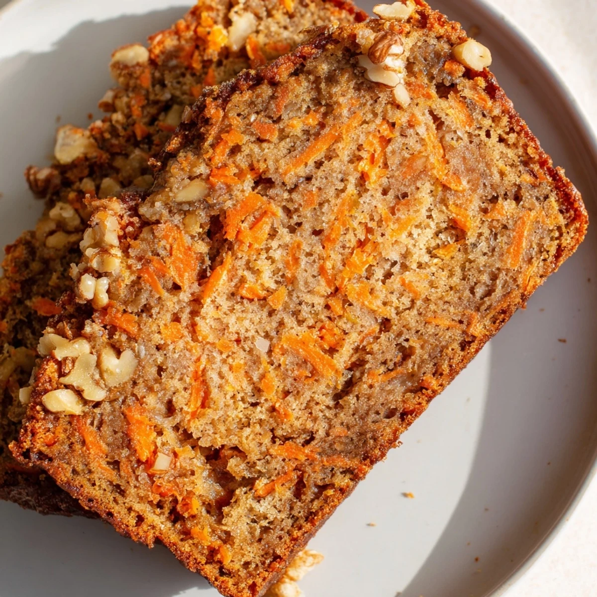 Thick slice of moist spiced carrot cake banana bread with visible grated carrot specks