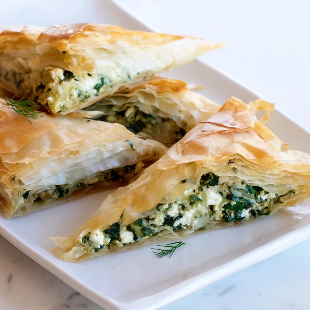 Golden authentic Greek spanakopita with crispy phyllo layers and vibrant spinach feta filling