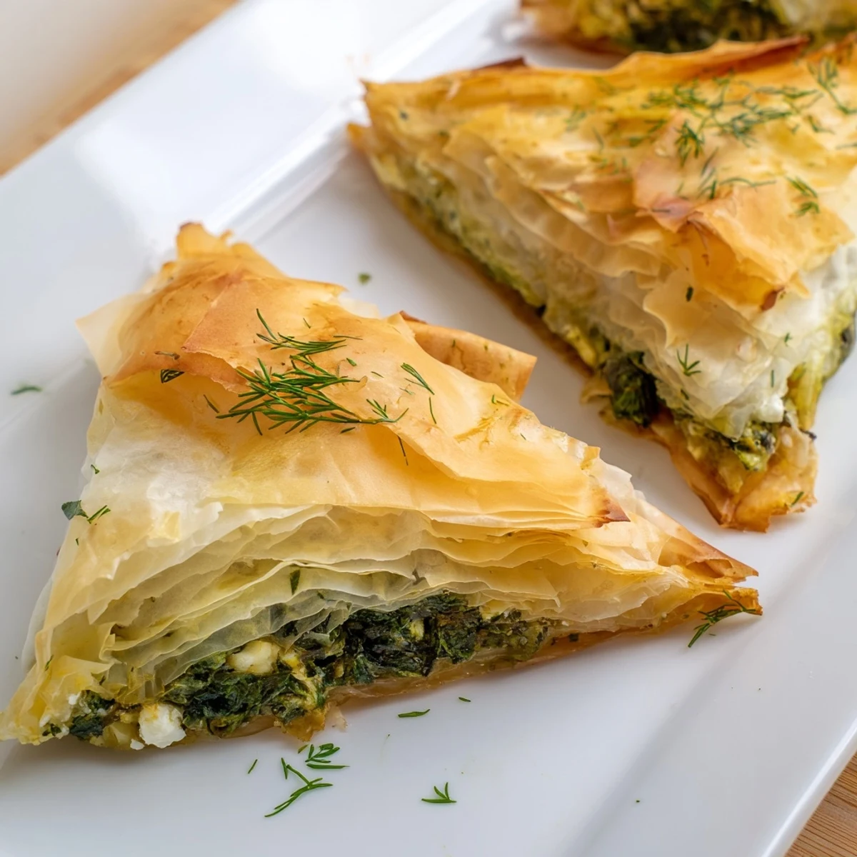 Freshly baked authentic Greek spanakopita sliced into squares revealing creamy herb flecked center