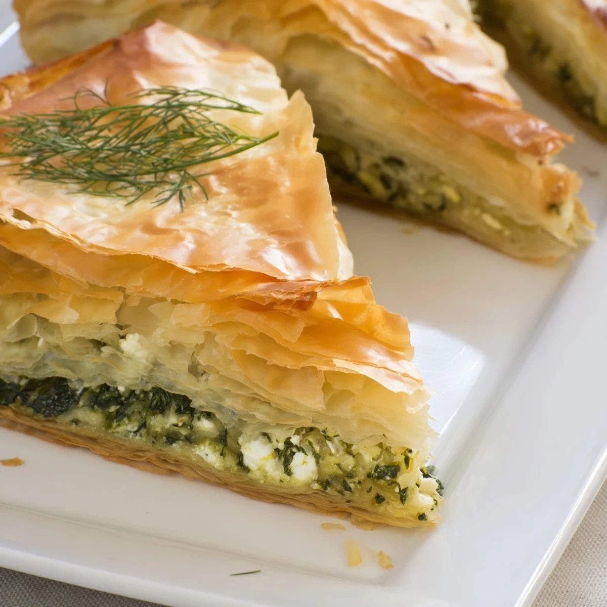Flaky authentic Greek spanakopita triangular pastry pieces arranged on white serving platter