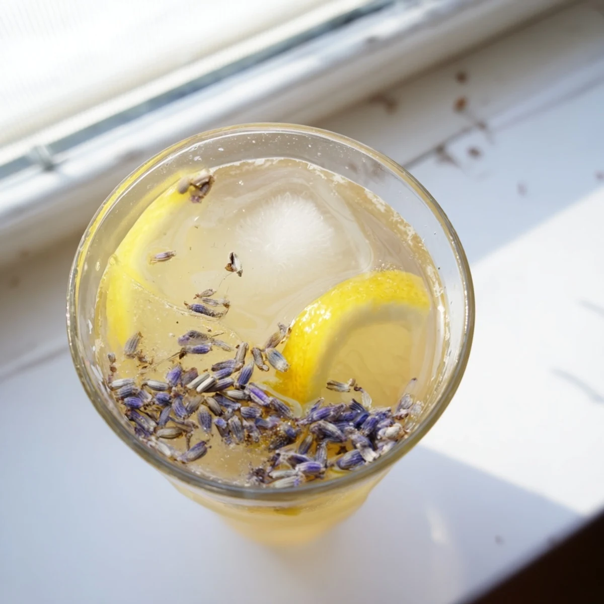 Refreshing lavender lemonade in a mason jar with ice, lemon wheel, and culinary lavender floating atop