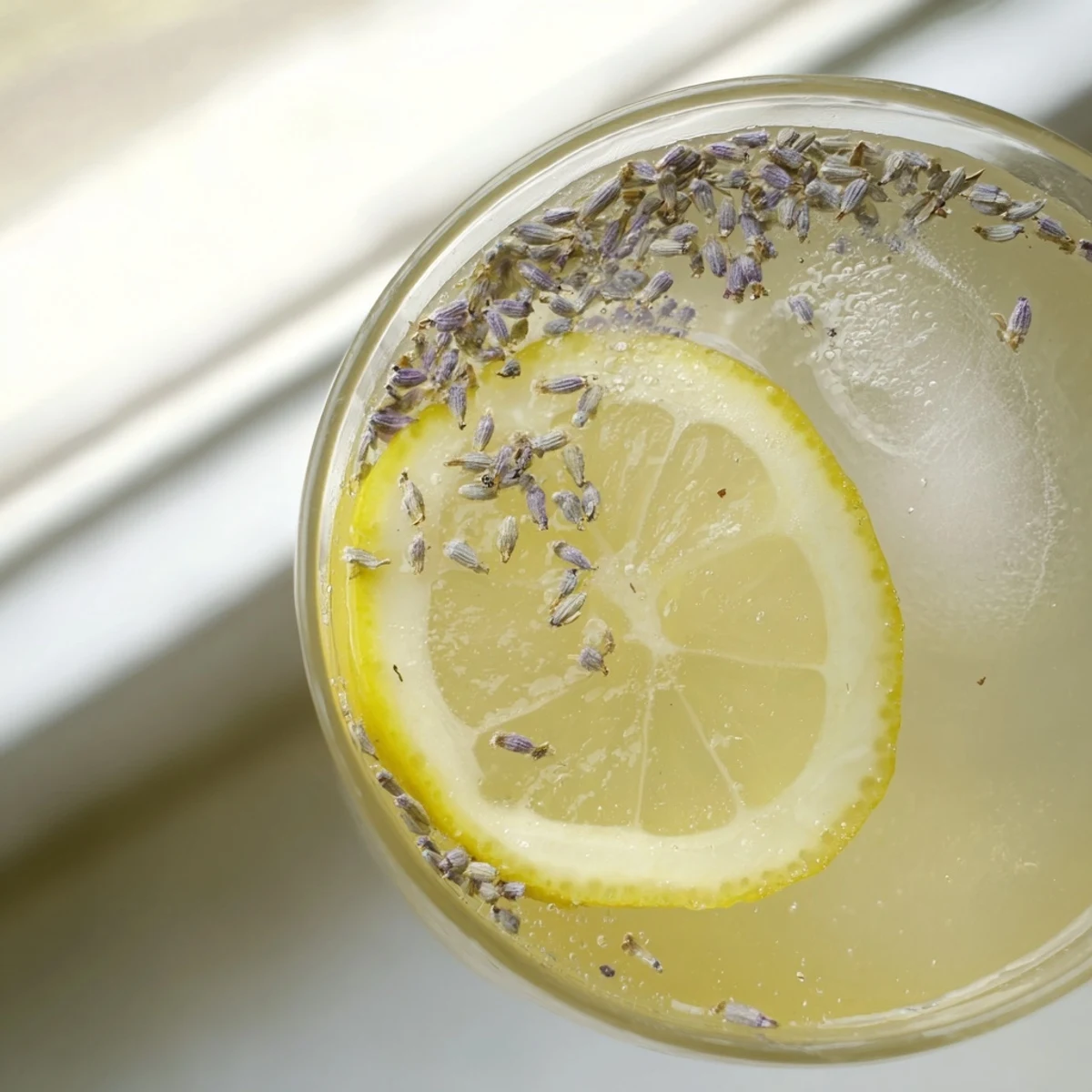 Vibrant lavender lemonade served over ice in a tall glass with lemon wedge and fresh lavender garnish