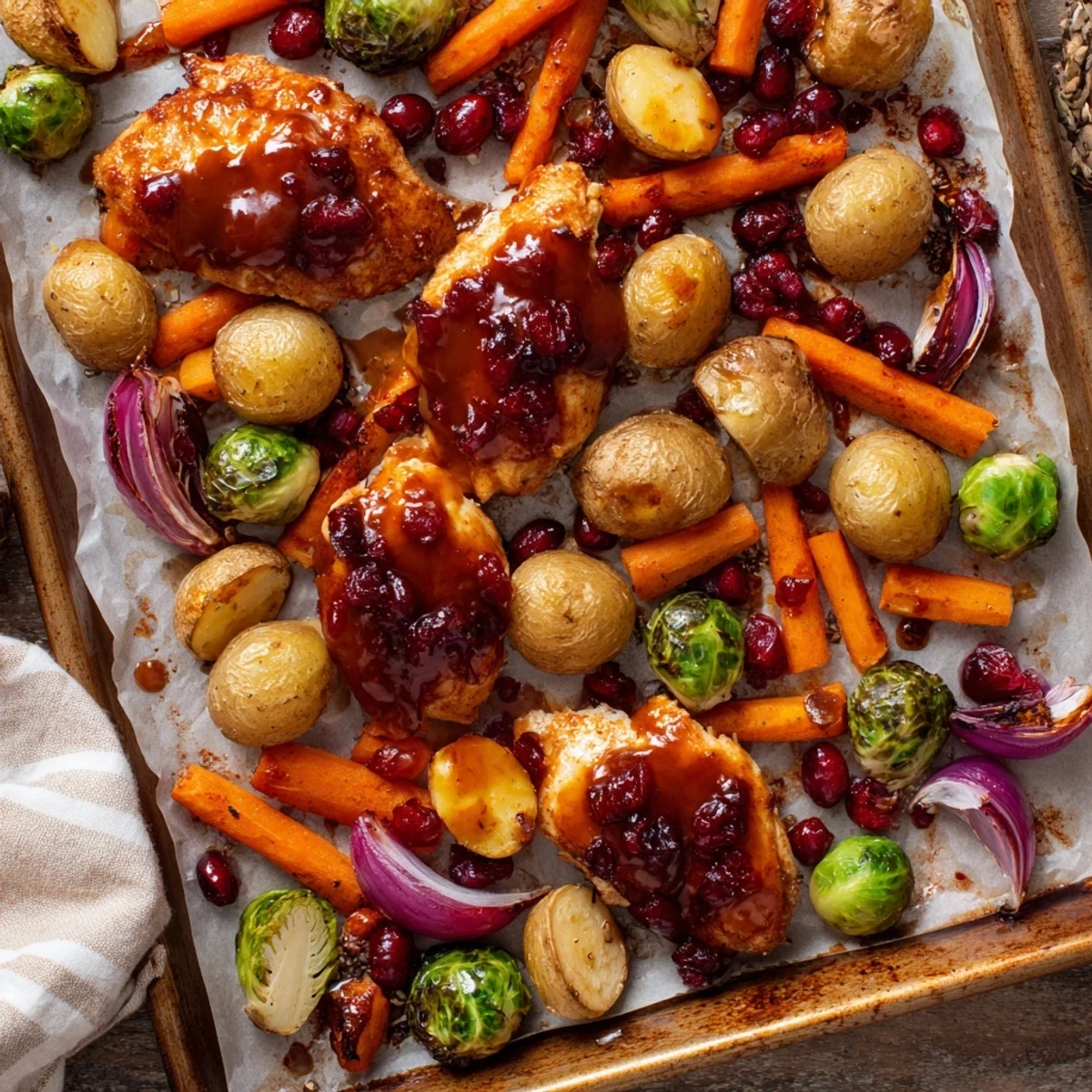 Golden honey cranberry glazed chicken breasts roasted with colorful Brussels sprouts, potatoes, and carrots on a single baking sheet