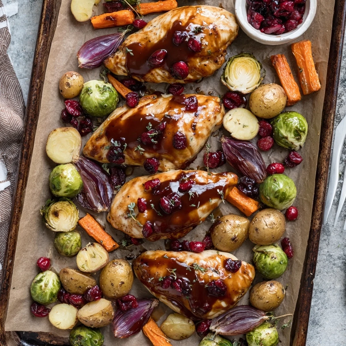 Juicy chicken breasts coated in tangy honey cranberry glaze alongside tender roasted vegetables for an easy weeknight dinner