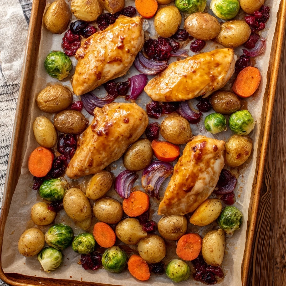 One pan chicken and veggies dinner featuring sticky honey cranberry sauce, baby potatoes, Brussels sprouts, and caramelized red onion