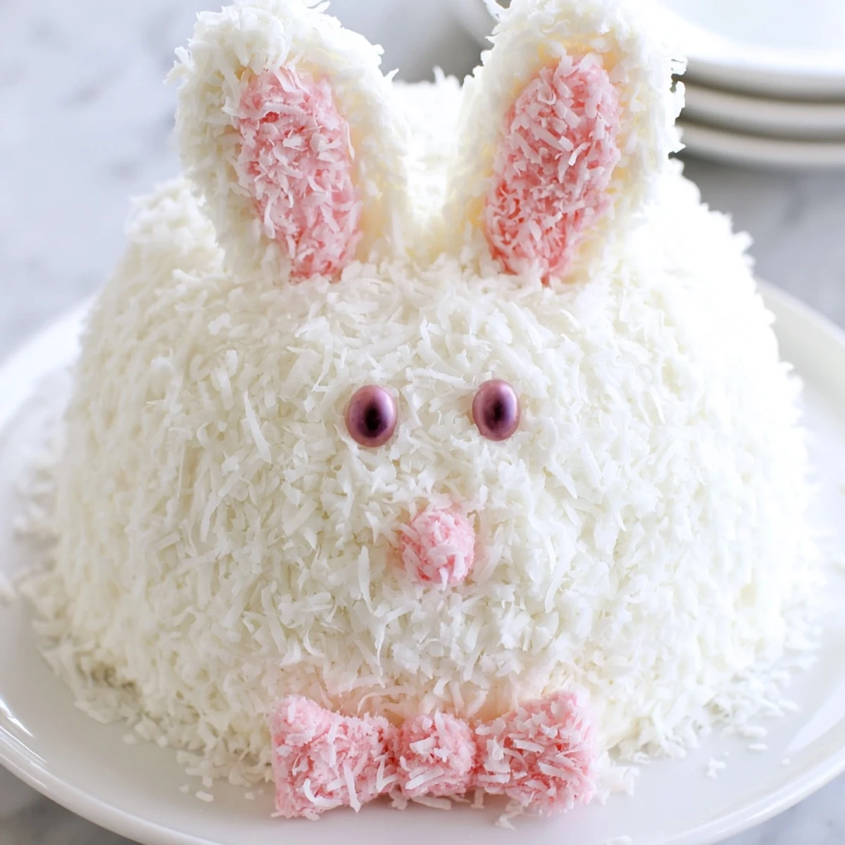 Fluffy coconut-covered vanilla bunny cake with pink fondant ears and candy face details on serving platter
