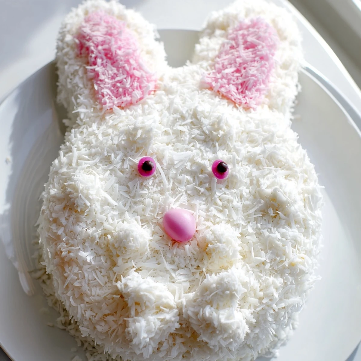 Festive Easter bunny cake shaped from moist vanilla layers with buttercream frosting and sweetened coconut fur