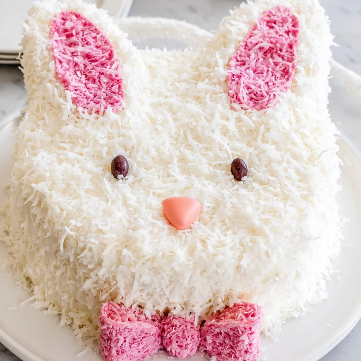 Adorable bunny cake dessert with jelly bean features and pink coconut ears perfect for spring celebrations