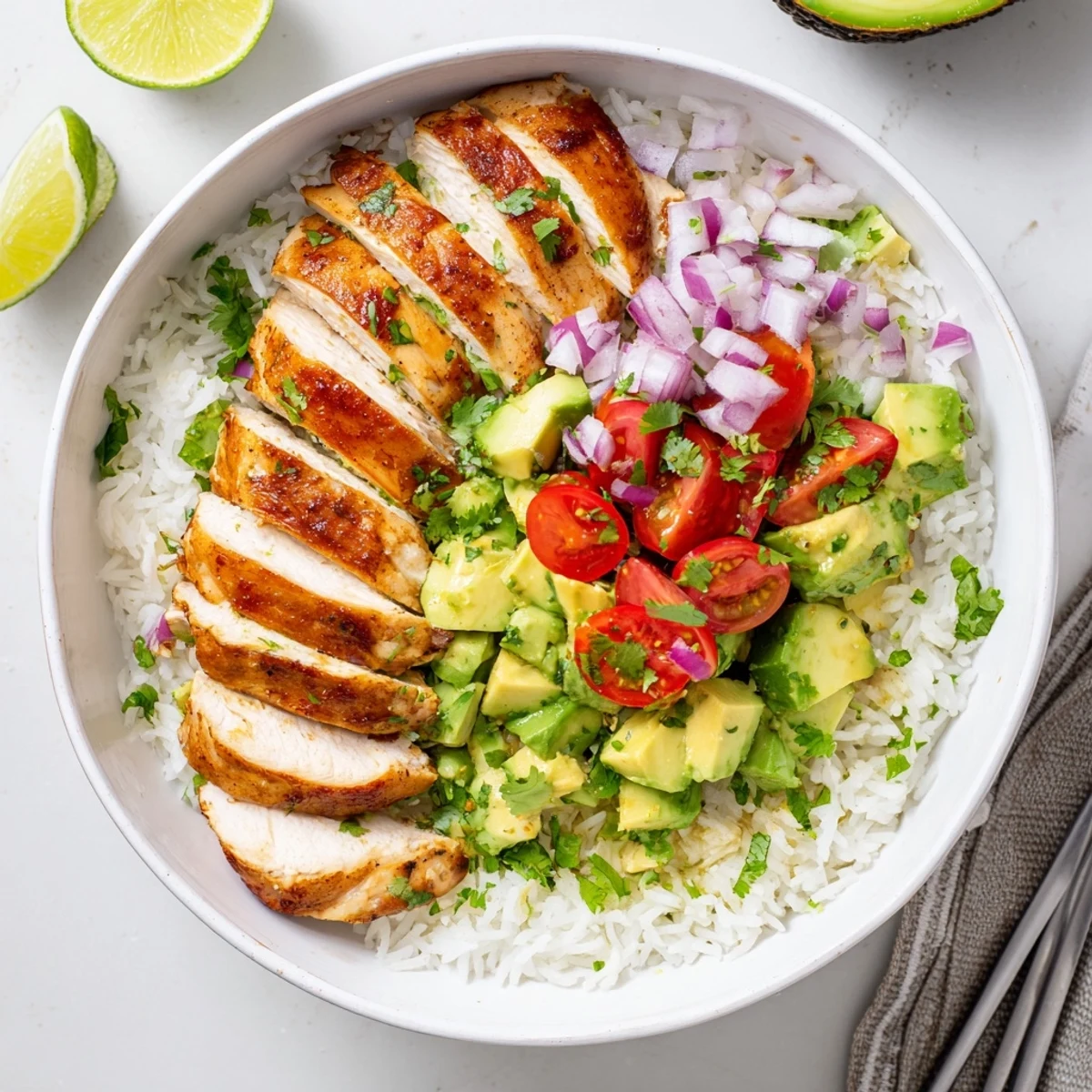 Vibrant honey lime chicken avocado rice stack featuring tender marinated chicken, creamy diced avocado, and fluffy jasmine rice