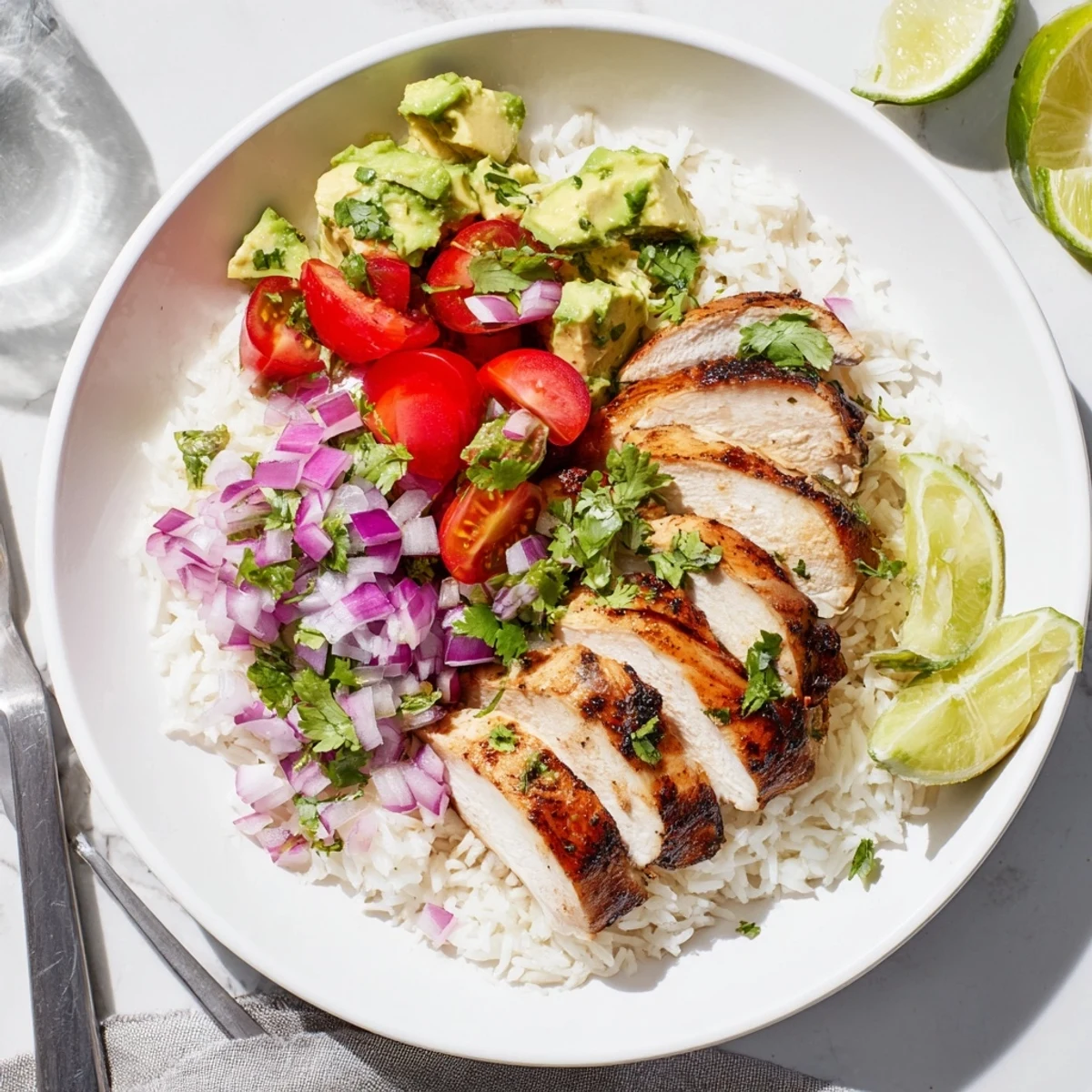 Honey lime chicken avocado rice stack layered in a ring mold with grilled chicken slices and fresh cilantro garnish