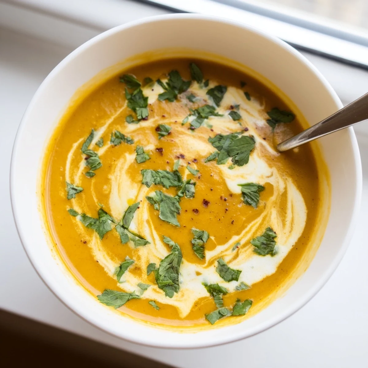 Creamy spicy apple soup garnished with coconut swirl and fresh herbs in a white bowl