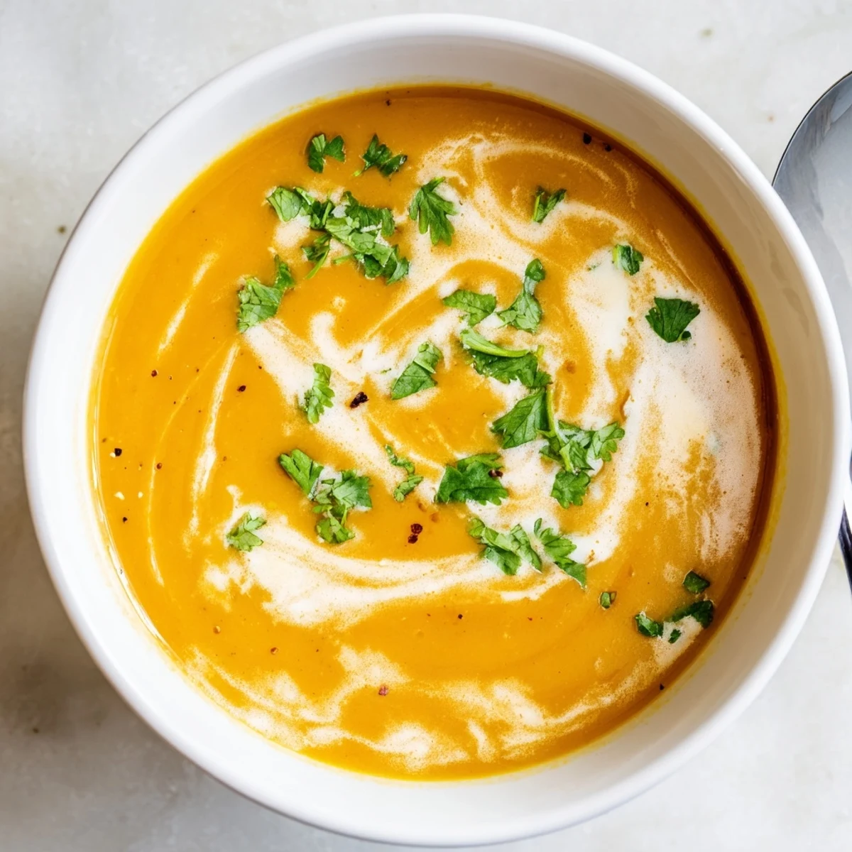 Golden bowl of warming spicy apple soup with smooth coconut milk and cinnamon dusting
