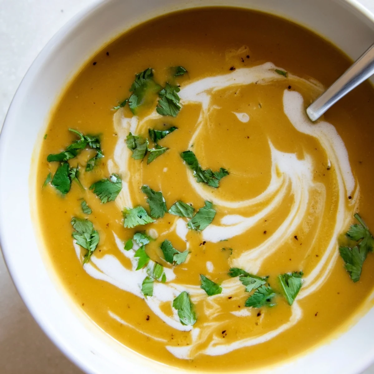 Velvety spicy apple soup recipe topped with red chili flakes and green cilantro leaves