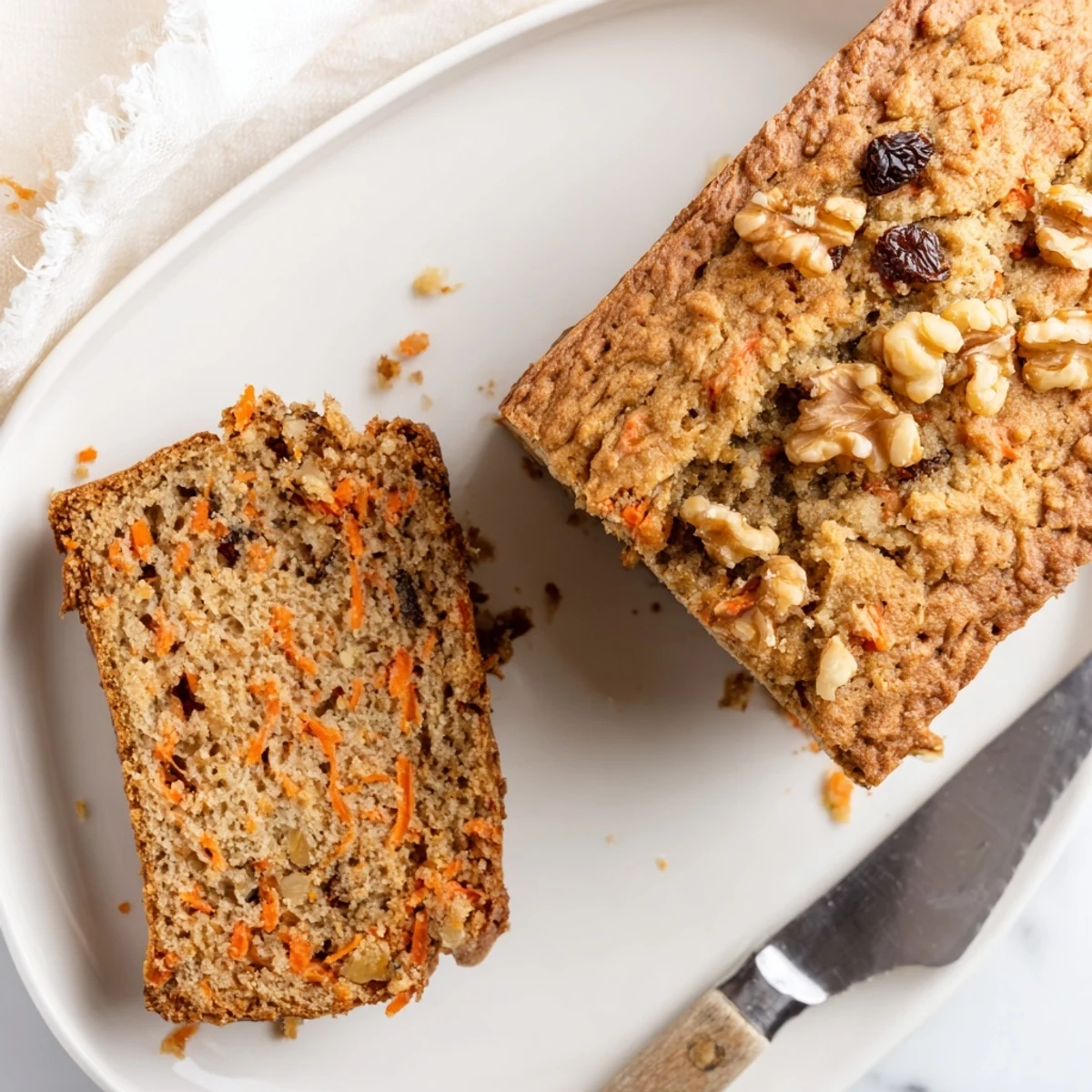 Moist spiced carrot cake banana bread topped with chopped walnuts and served on a white ceramic plate