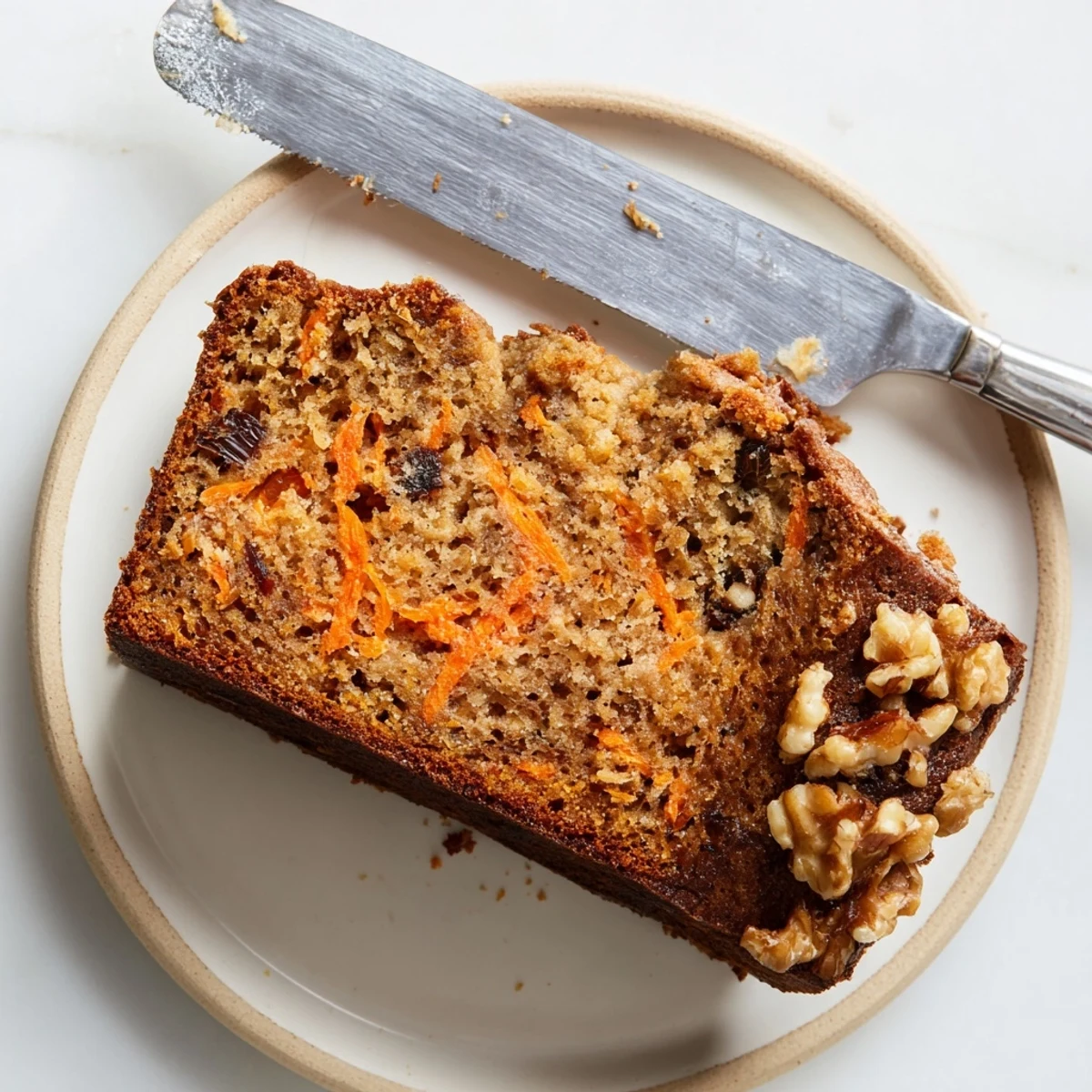 Golden carrot cake banana bread loaf sliced on a wooden cutting board with visible grated carrot specks