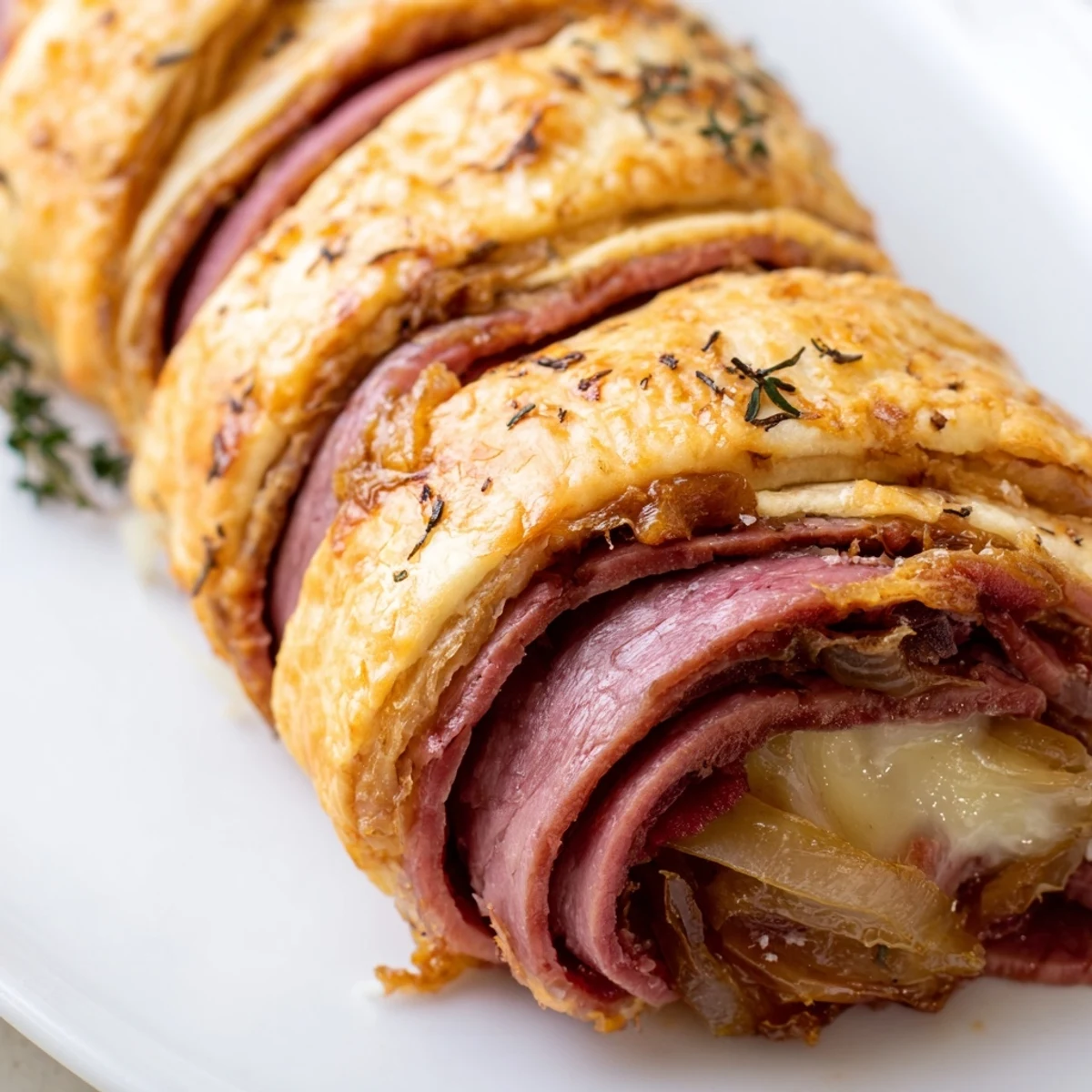 Beef and Cheese French Dip Roll Ups with melted provolone cheese oozing from flaky crescent dough