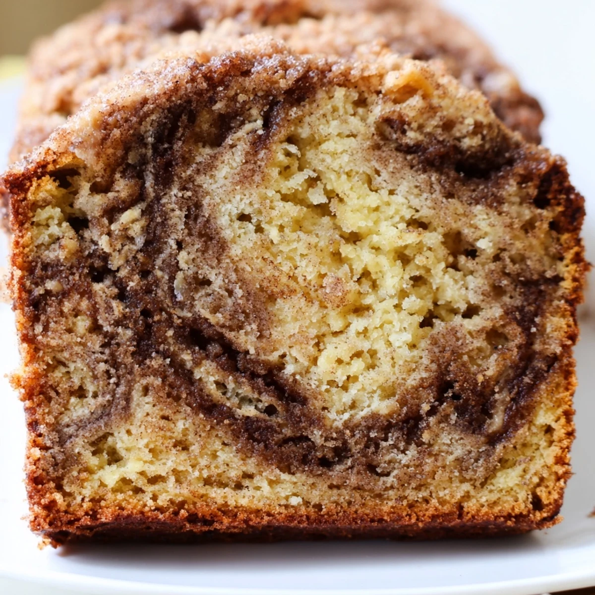 Moist cinnamon sugar swirl banana bread with golden crust sliced on wooden cutting board