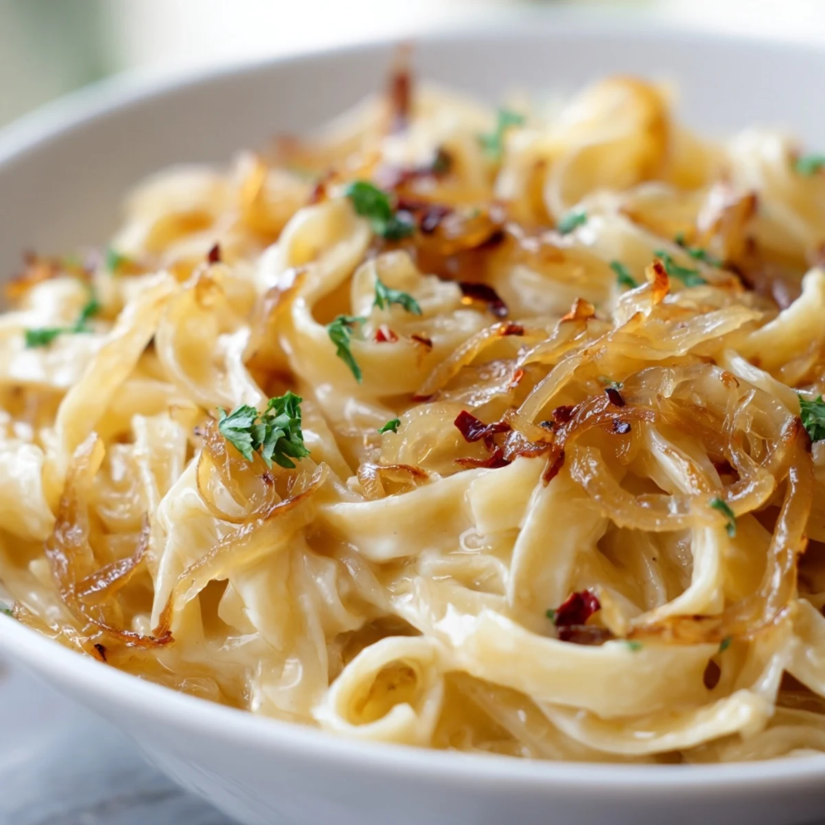 Creamy Sweet Heat Caramelized Onion Fettuccine topped with fresh parsley and Parmesan cheese