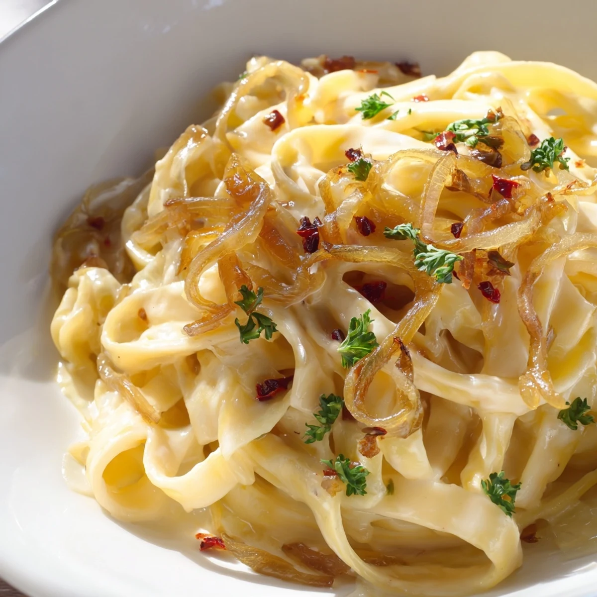 Golden caramelized onions coat Sweet Heat Caramelized Onion Fettuccine in a spicy cream sauce