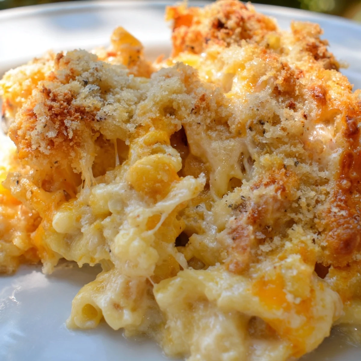Creamy three cheese baked macaroni with golden crispy panko topping in baking dish