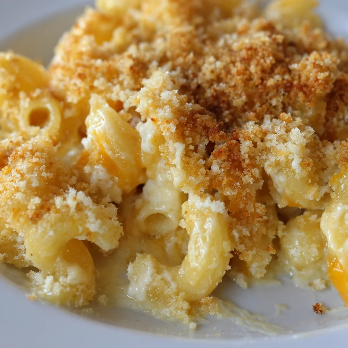 Warm three cheese baked macaroni oozing with melted cheddar Gruyère and mozzarella