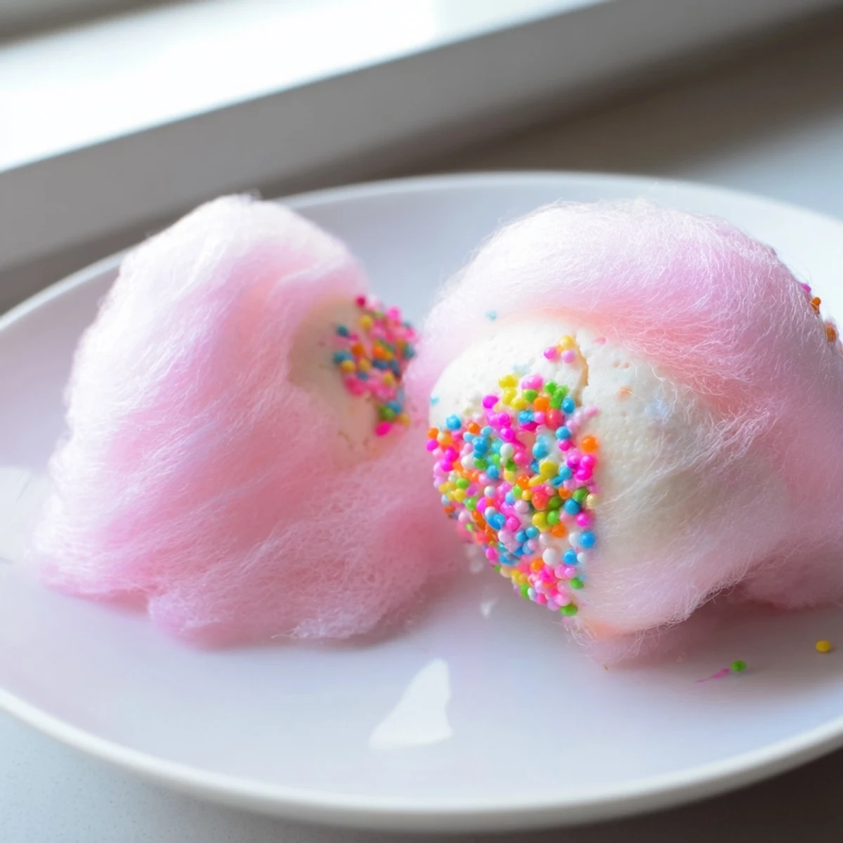 Pastel mini cotton candy cheesecake puff balls arranged on a festive serving plate