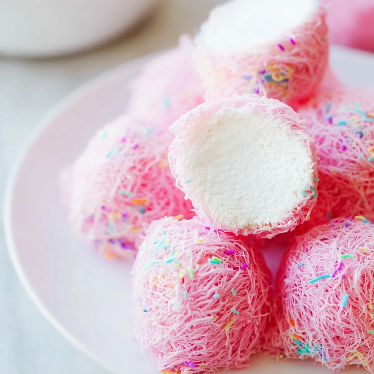Mini cotton candy cheesecake puff balls with creamy centers and fluffy pastel shells