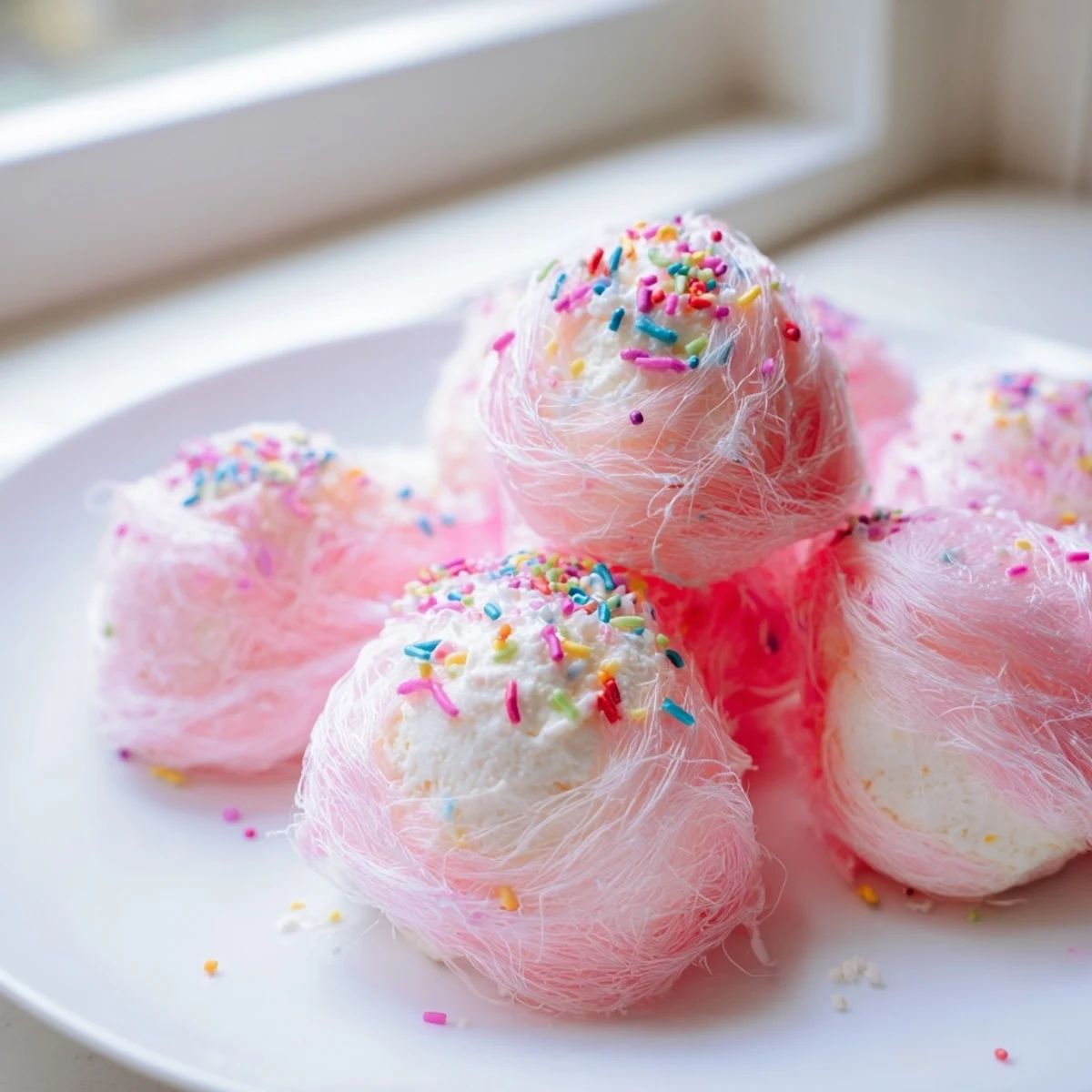 Golden sprinkles topping bite-sized mini cotton candy cheesecake puff balls on parchment paper