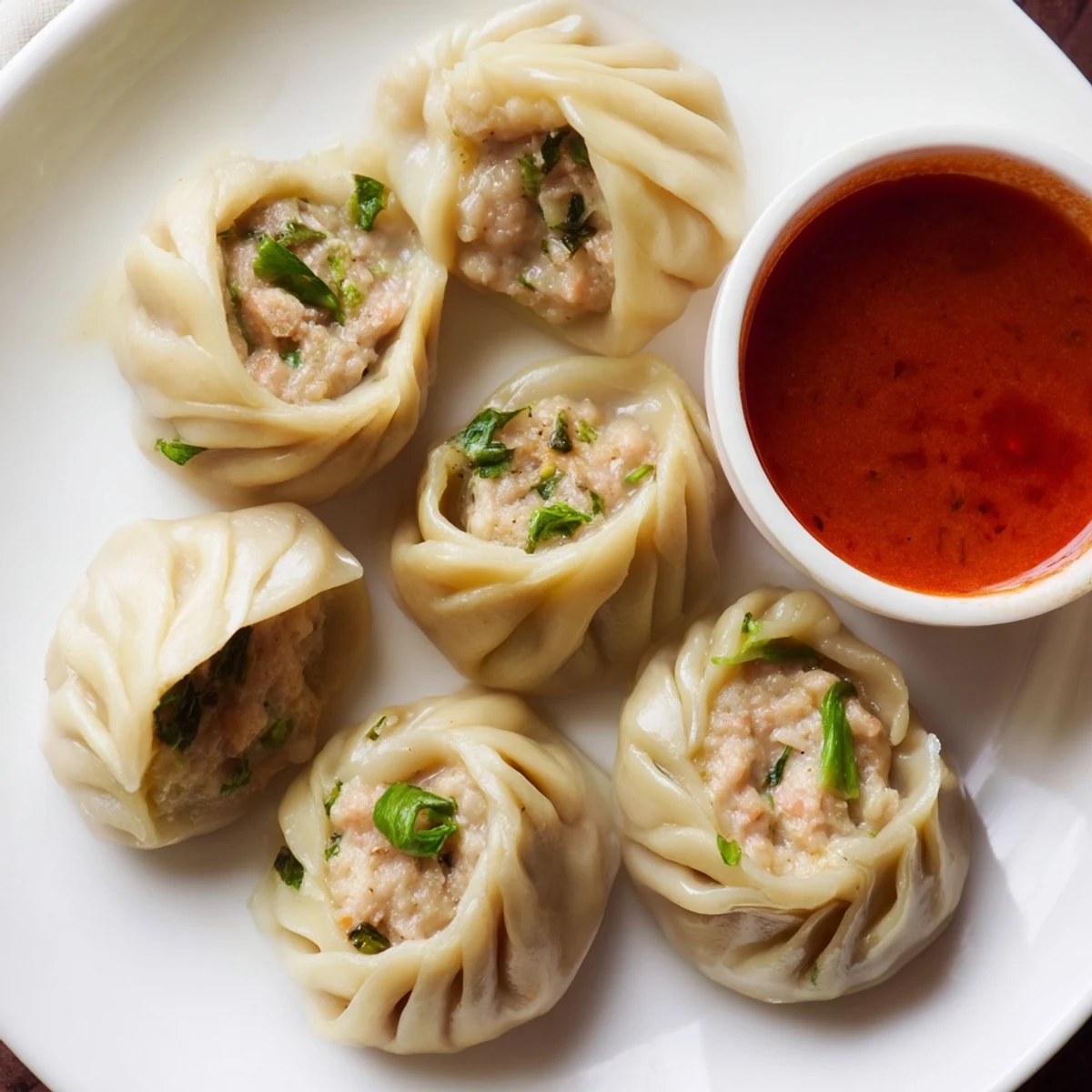 Steamed Nepali momo dumplings arranged on a bamboo tray with spicy tomato dipping sauce