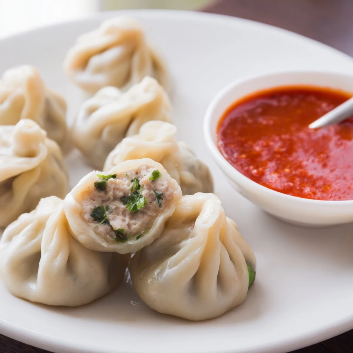 Golden steamer basket filled with pleated Nepali momo dumplings ready to serve hot