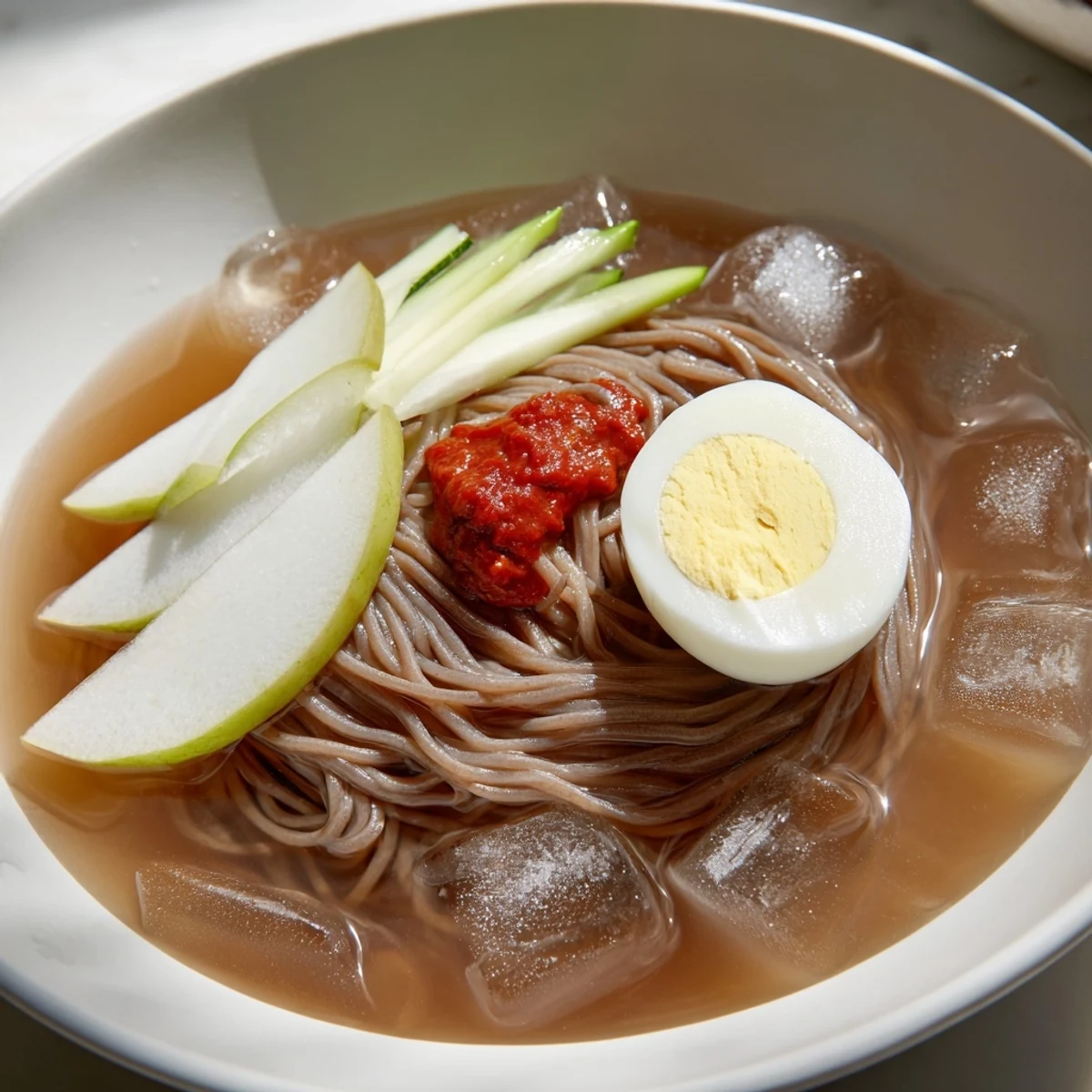 Chewy Korean naengmyeon noodles in icy tangy broth topped with crisp cucumber slices