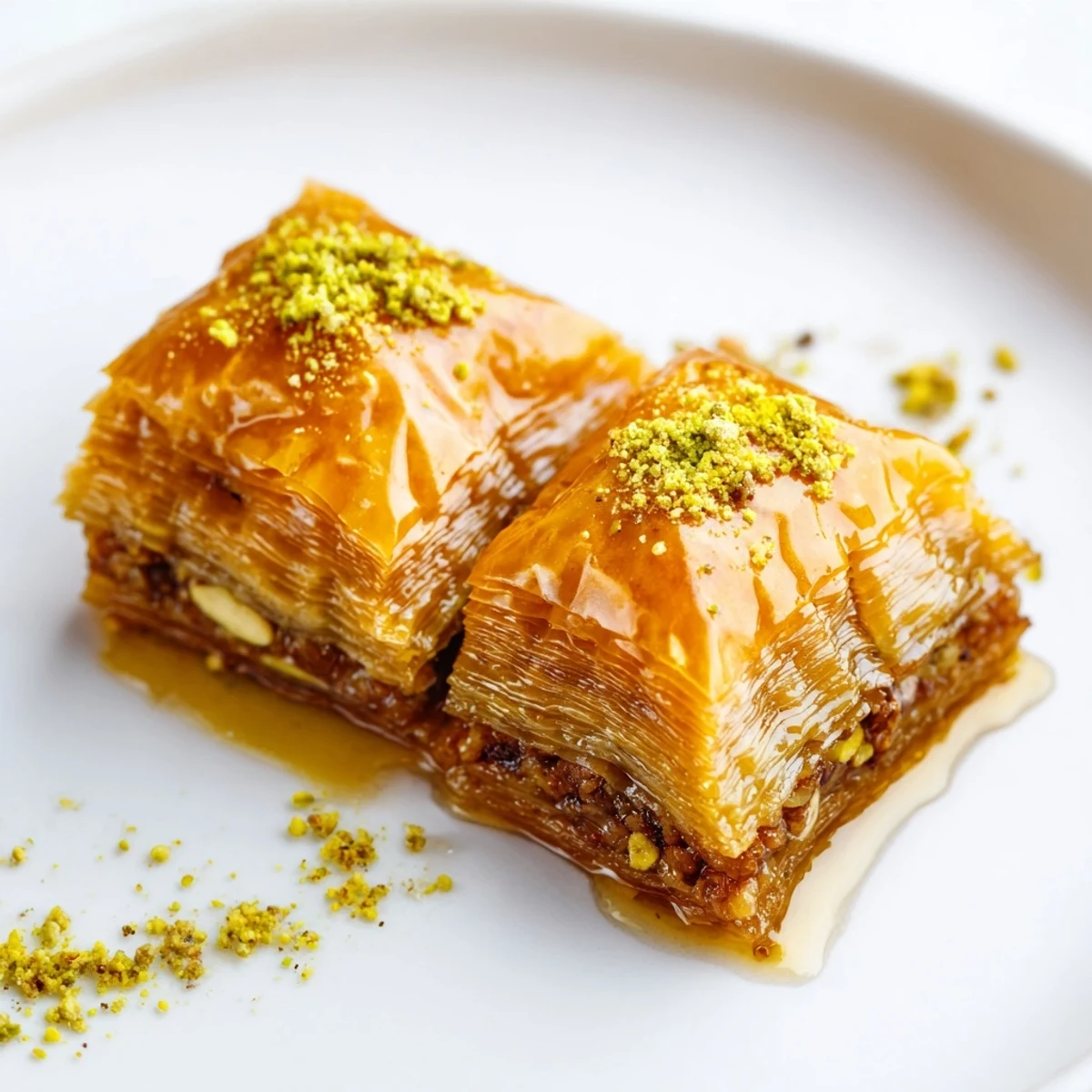 Golden Bosnian baklava diamonds glistening with sweet syrup on a rustic serving plate