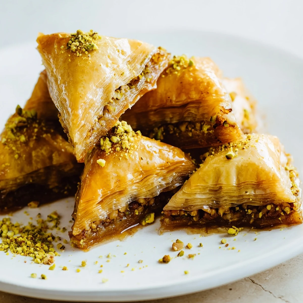 Crisp layered Bosnian baklava filled with spiced walnuts and drizzled honey syrup