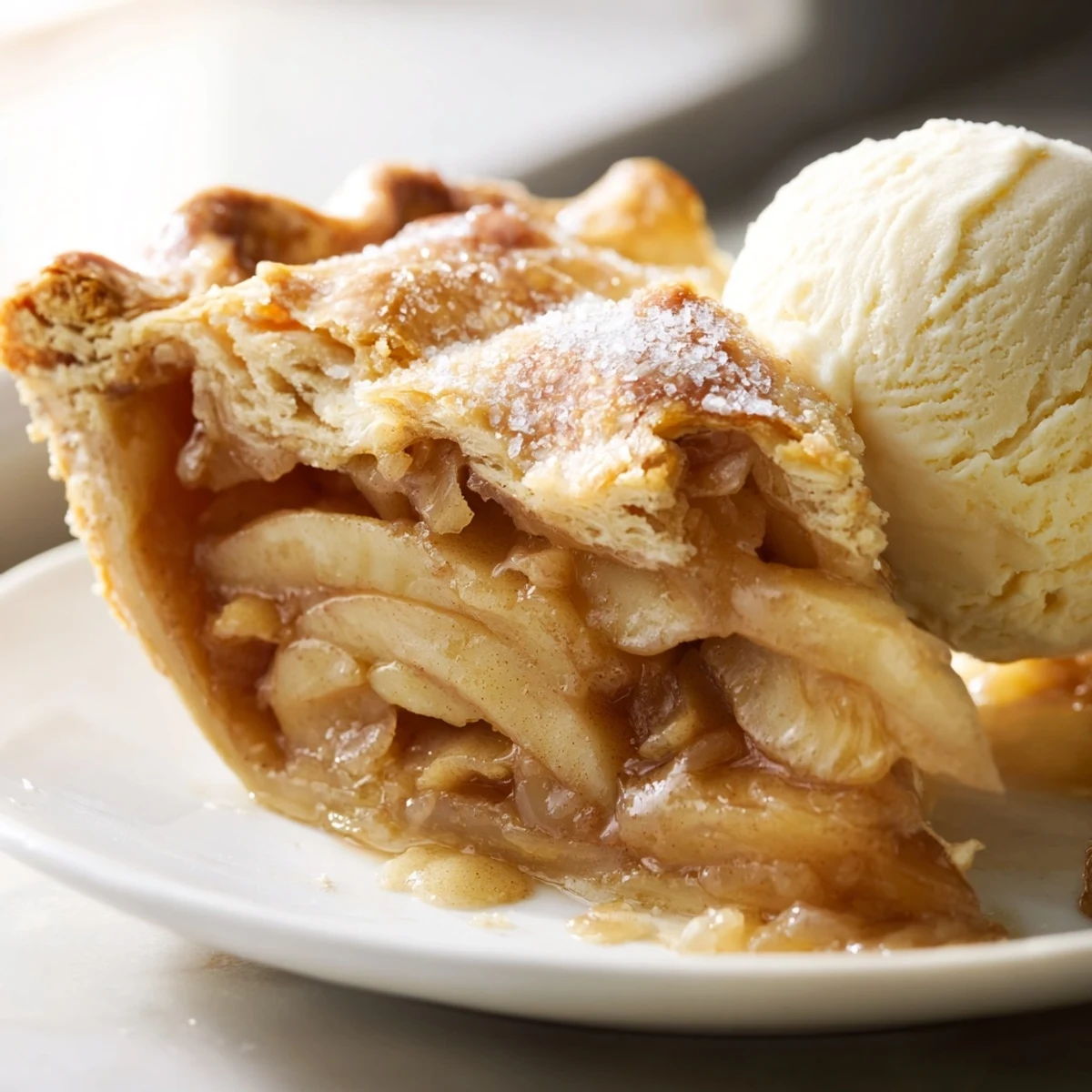 Golden homemade apple pie with flaky crust served warm on a rustic ceramic plate