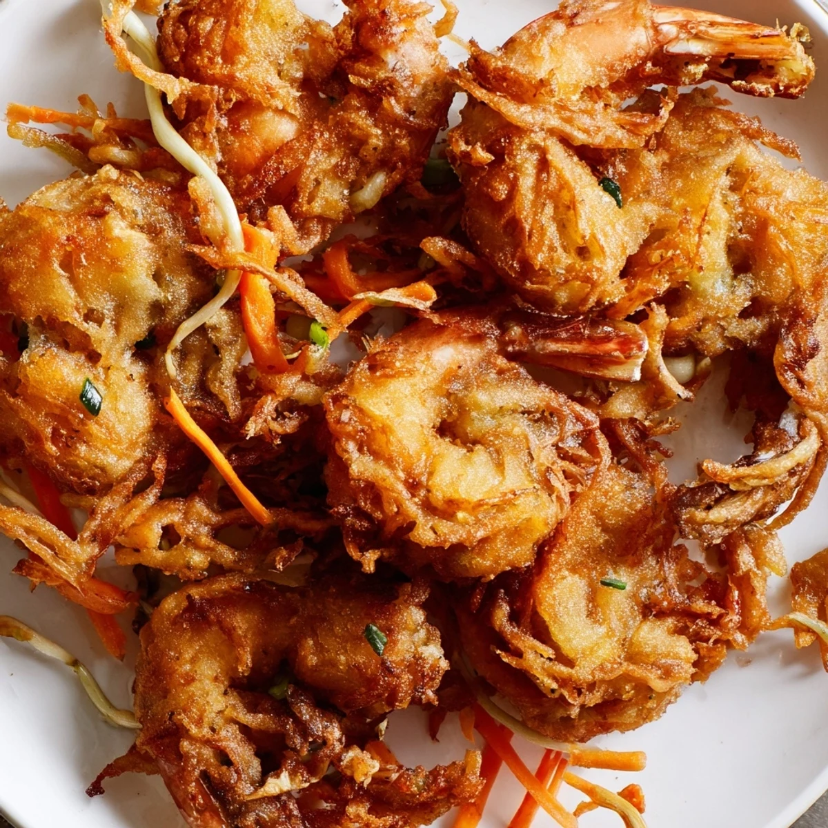 Ukoy Filipino shrimp fritters topped with whole shrimp and julienned vegetables fried until crunchy