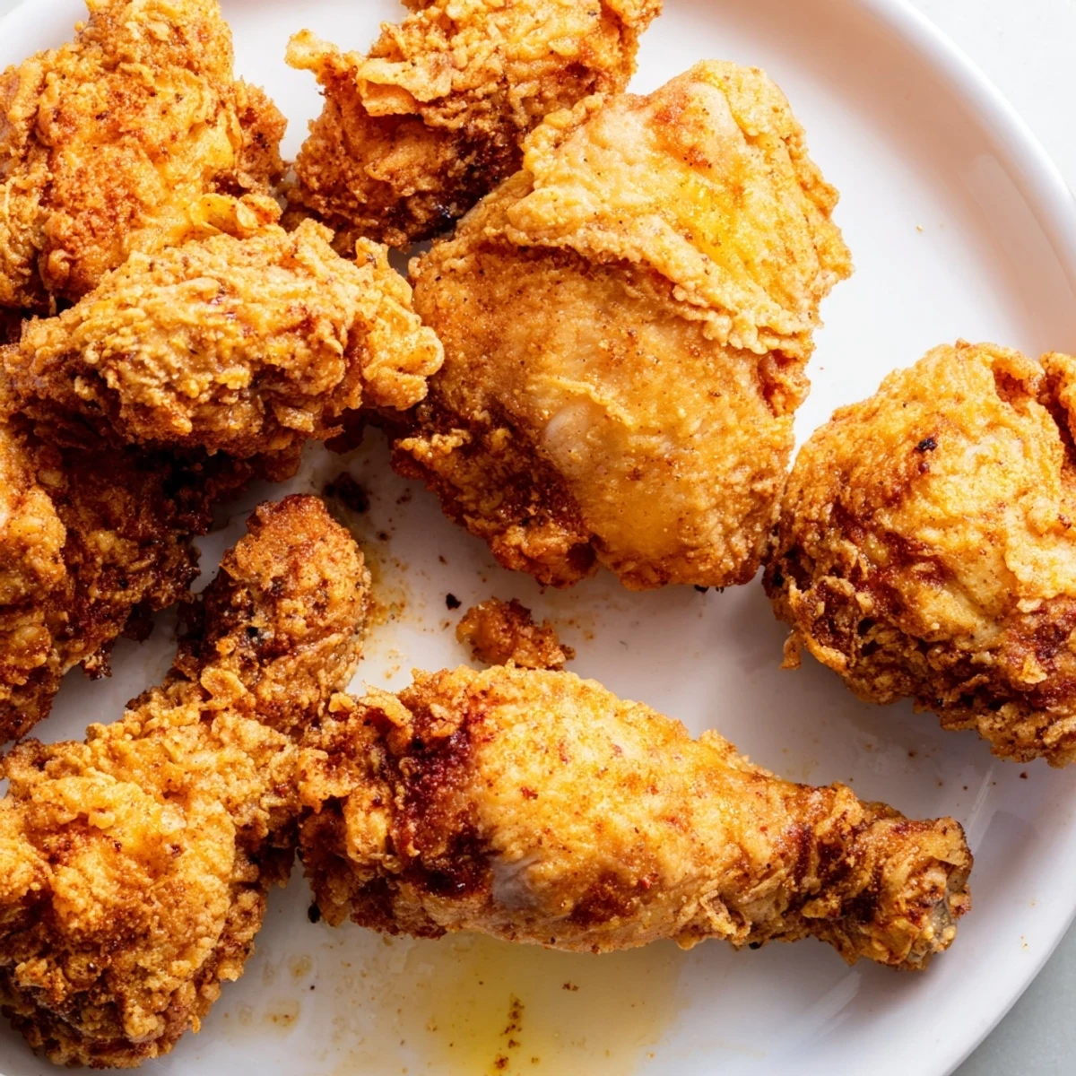 Crispy fried chicken with golden, crunchy skin and tender juicy meat on a platter