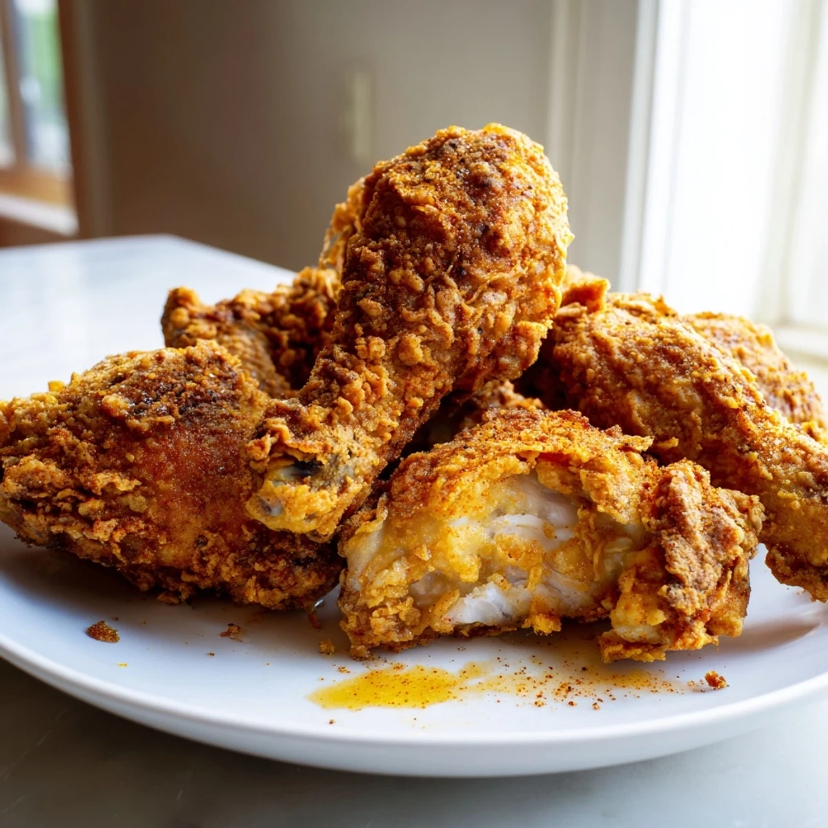 Plate of homemade fried chicken resting on a wire rack, steam rising, perfectly browned
