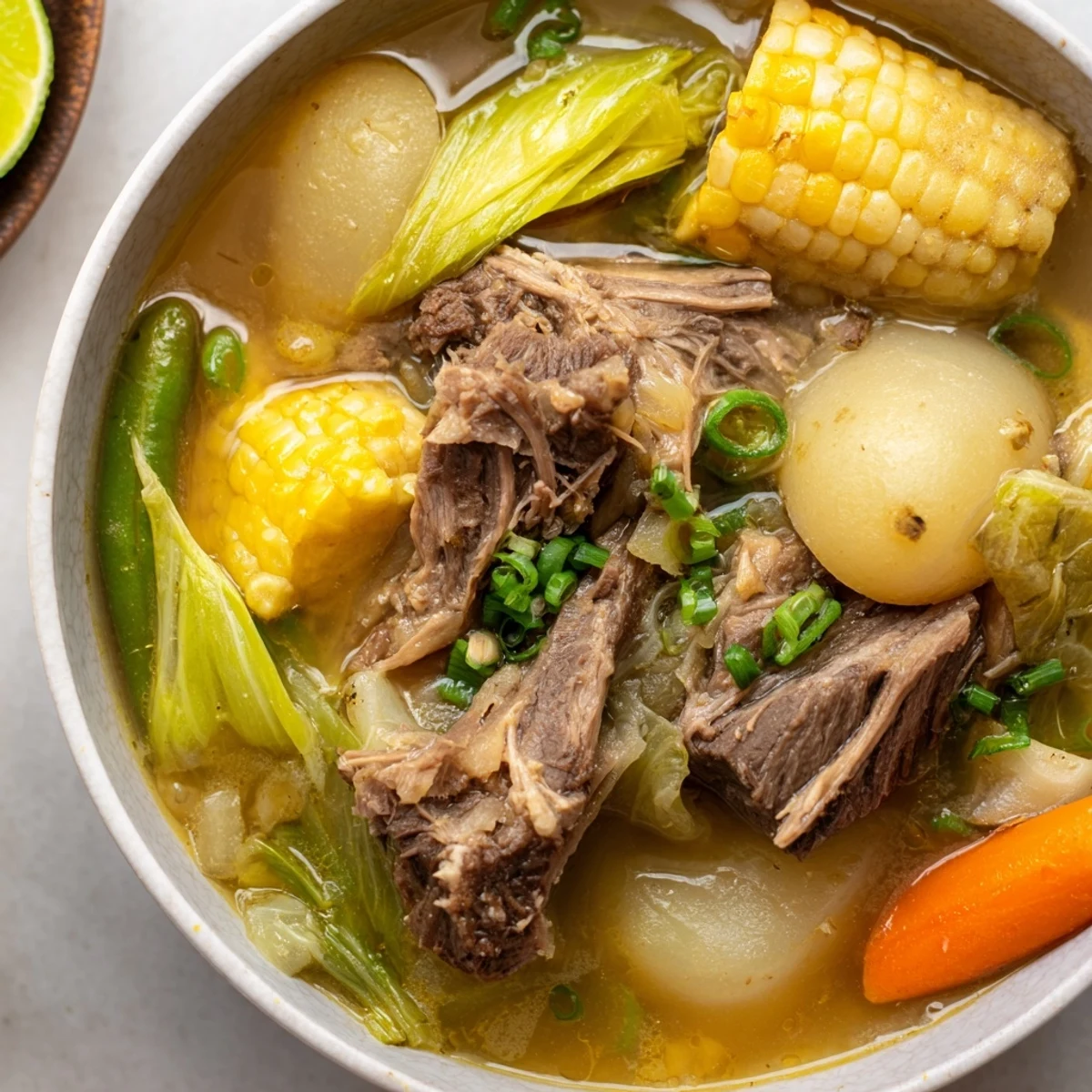 Filipino Bulalo beef shank soup with corn potatoes and napa cabbage in rich broth