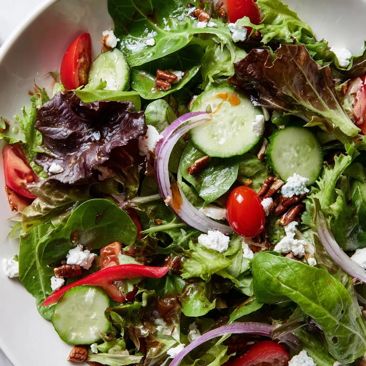 A colorful spring mix salad topped with cherry tomatoes, cucumber, and crumbled feta cheese