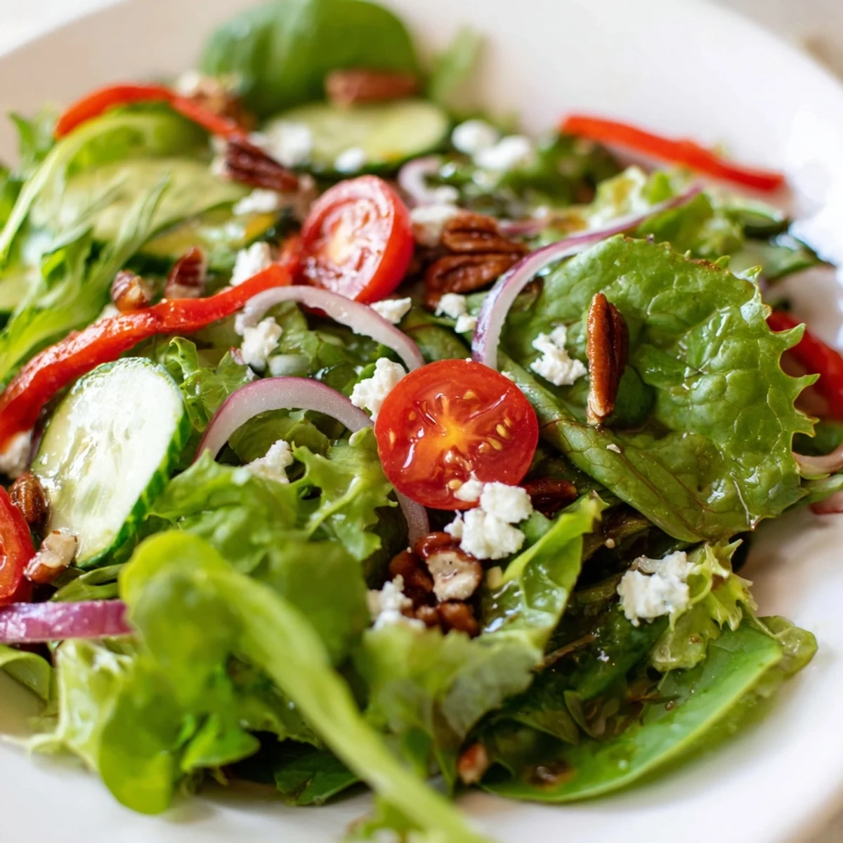 Fresh spring mix salad with vibrant bell pepper, red onion, and glossy balsamic vinaigrette