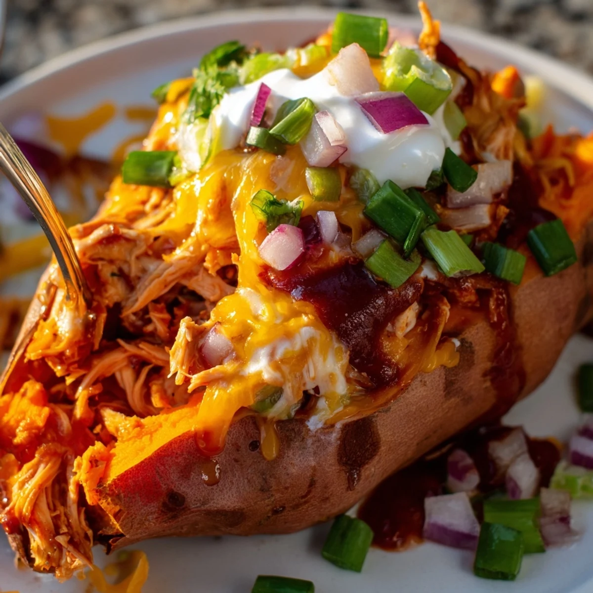 Tender roasted sweet potato topped with smoky BBQ chicken and melted cheddar cheese