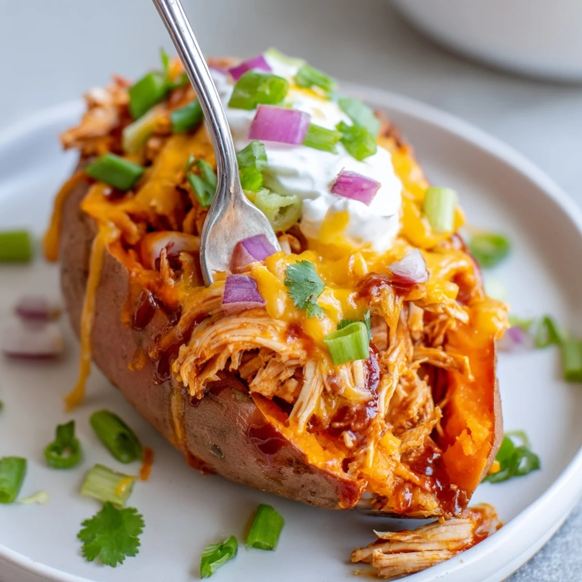BBQ chicken stuffed sweet potatoes with gooey cheese and fresh green onion garnish