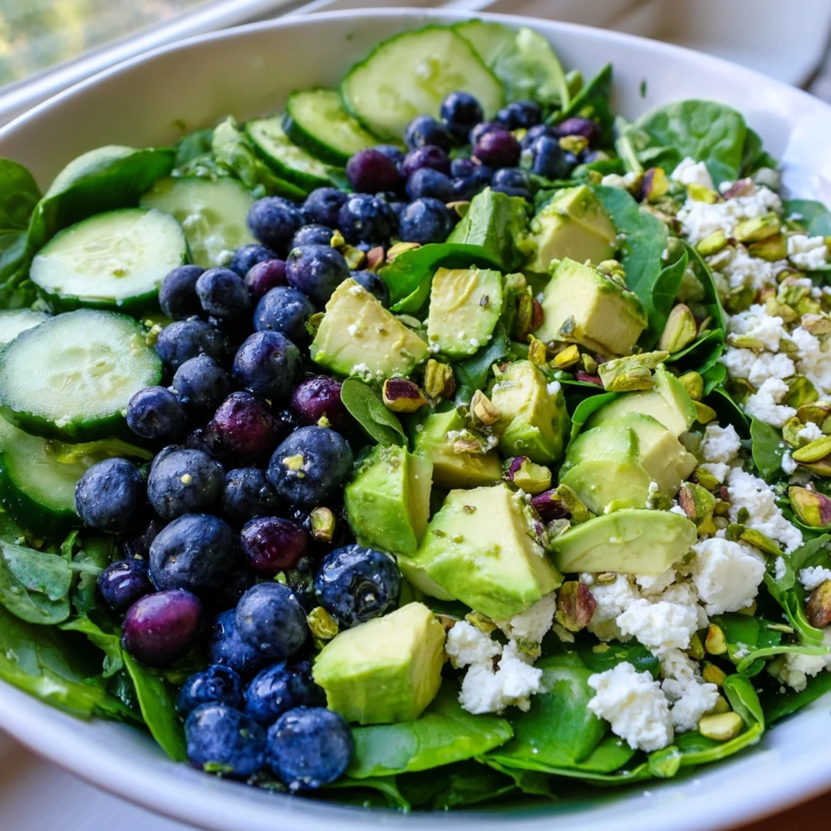 Blueberry Pistachio Spring Salad with juicy berries and crunchy nuts on crisp greens