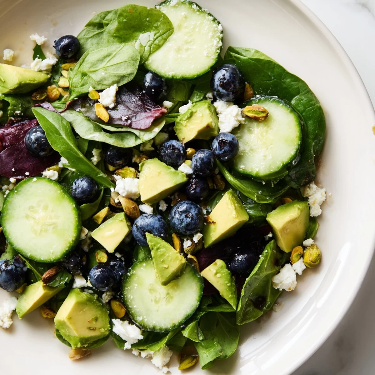 Blueberry Pistachio Spring Salad topped with crumbled feta and sliced ripe avocado