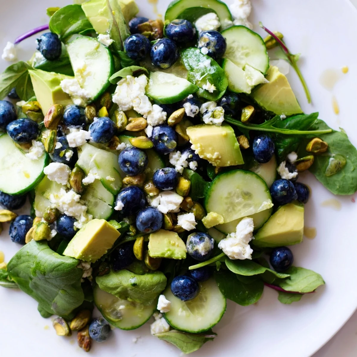 Vibrant Blueberry Pistachio Spring Salad tossed in a tangy lemon honey vinaigrette